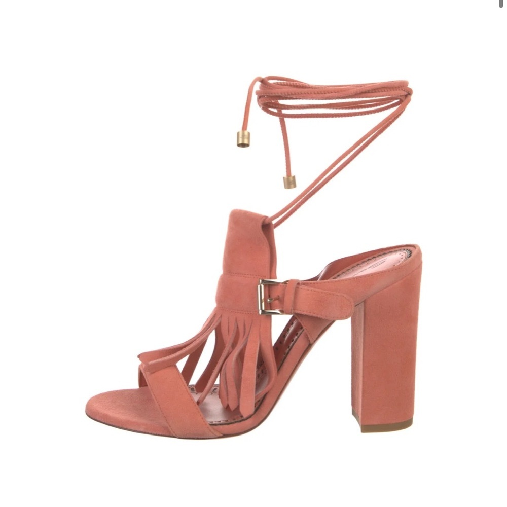 Santoni Suede Fringe Ankle-Tie Block Heel Sandal - Coral Size 38